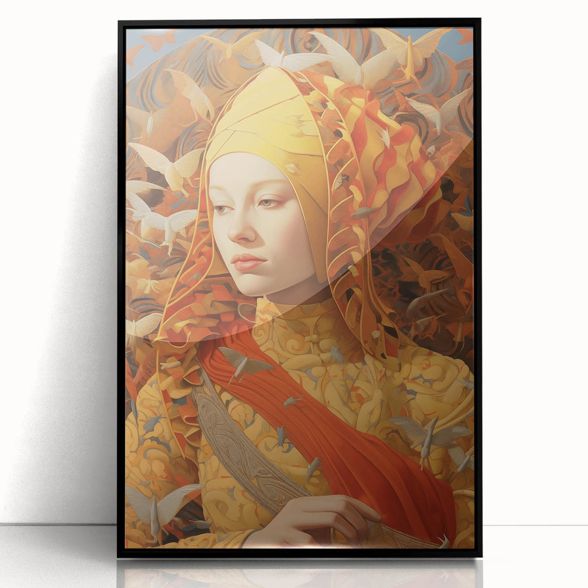 Electric Wall Art – Vibrant Portrait of Woman with Birds Electric Art Print