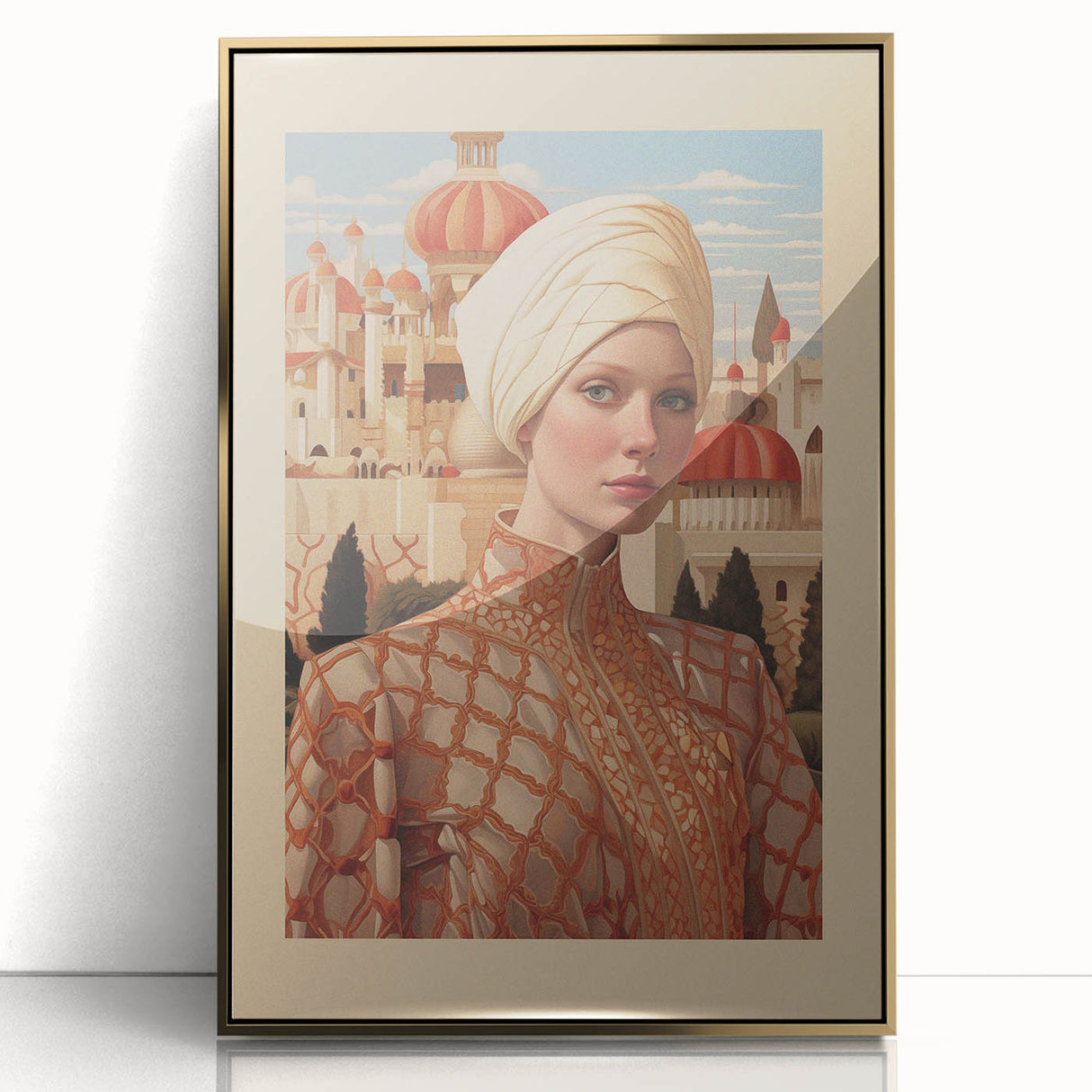 Electric Wall Art – Elegant Portrait of Woman in Palace Setting Electric Print