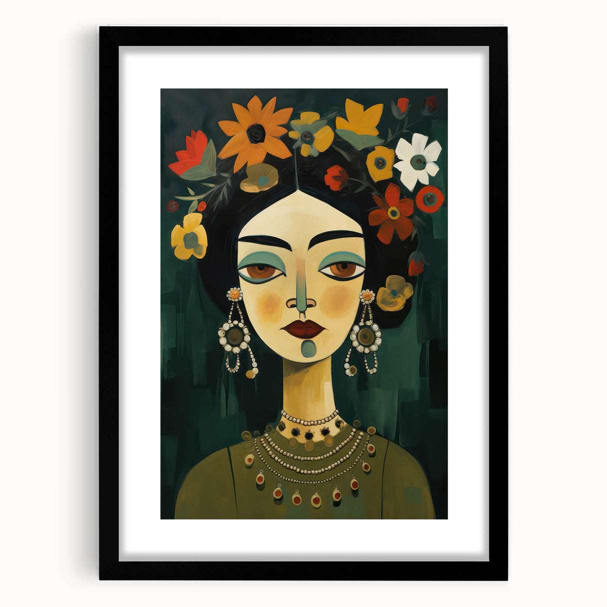 Electric Portrait Art - Vibrant Floral and Green Canvas - Modern Decor