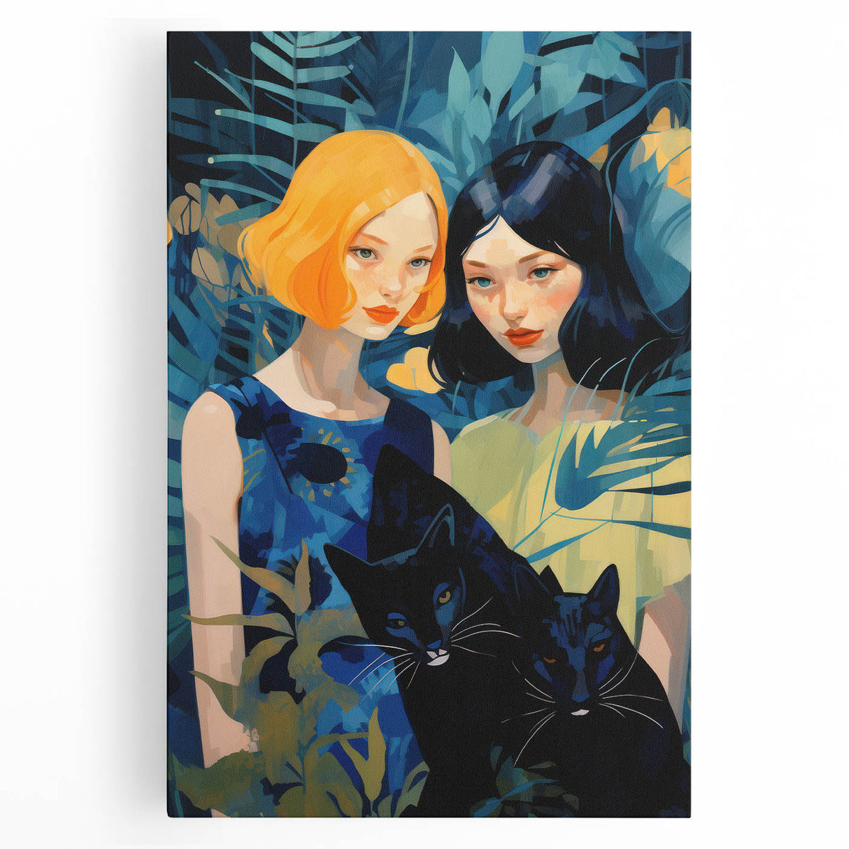 Electric Jungle Portrait Art - Vibrant Blue and Green Canvas Print