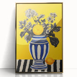 Electric Wall Art: Bold Floral Vase Design with Vibrant Yellow Background