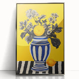 Electric Wall Art: Bold Floral Vase Design with Vibrant Yellow Background