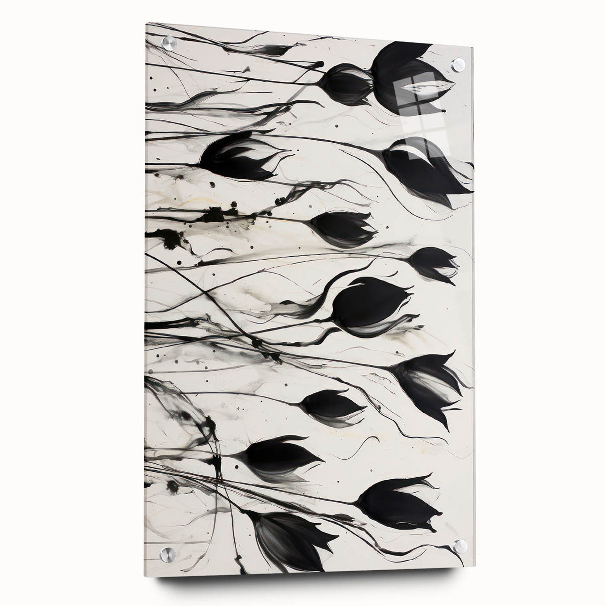 Monochrome Electric Floral Art: Bold Black Tulips on Modern Canvas