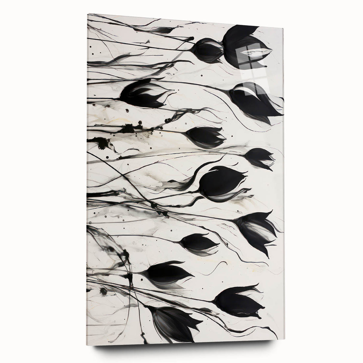 Monochrome Electric Floral Art: Bold Black Tulips on Modern Canvas