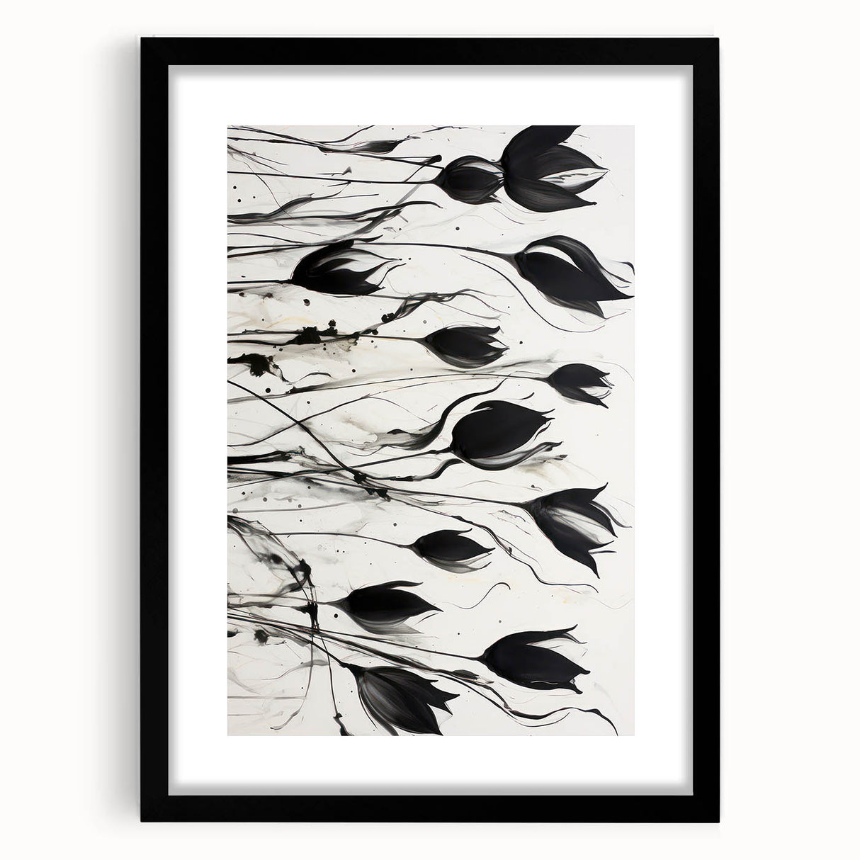 Monochrome Electric Floral Art: Bold Black Tulips on Modern Canvas