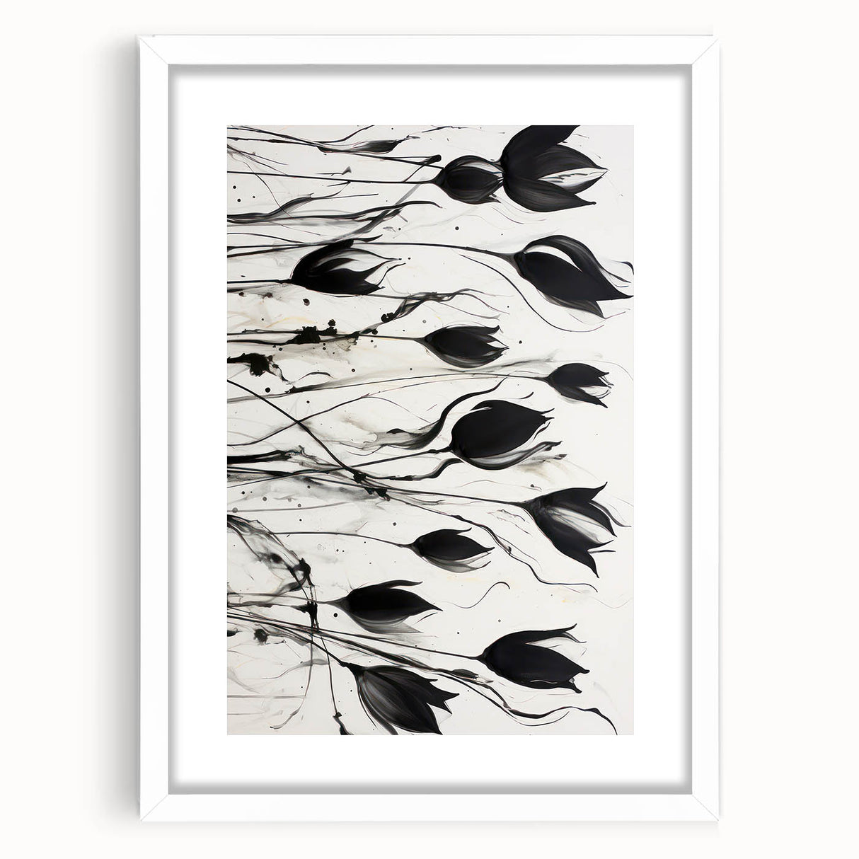 Monochrome Electric Floral Art: Bold Black Tulips on Modern Canvas
