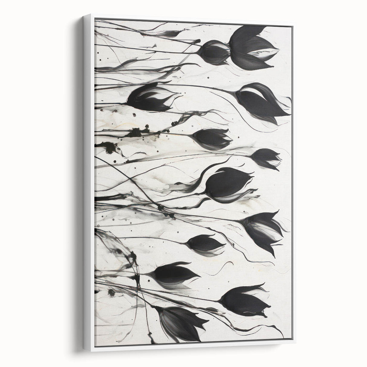 Monochrome Electric Floral Art: Bold Black Tulips on Modern Canvas