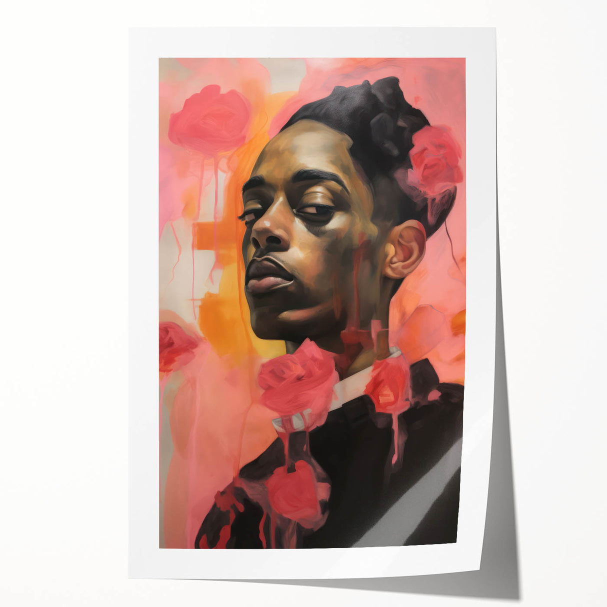 Abstract Portrait Electric Art: Modern Expressive Figure with Floral Motifs