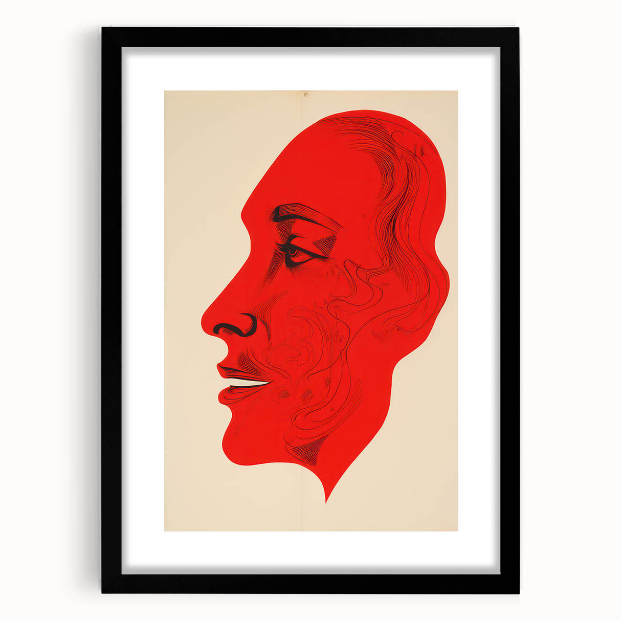Bold Electric Red Portrait Art: Abstract Modern Face Canvas Wall Print