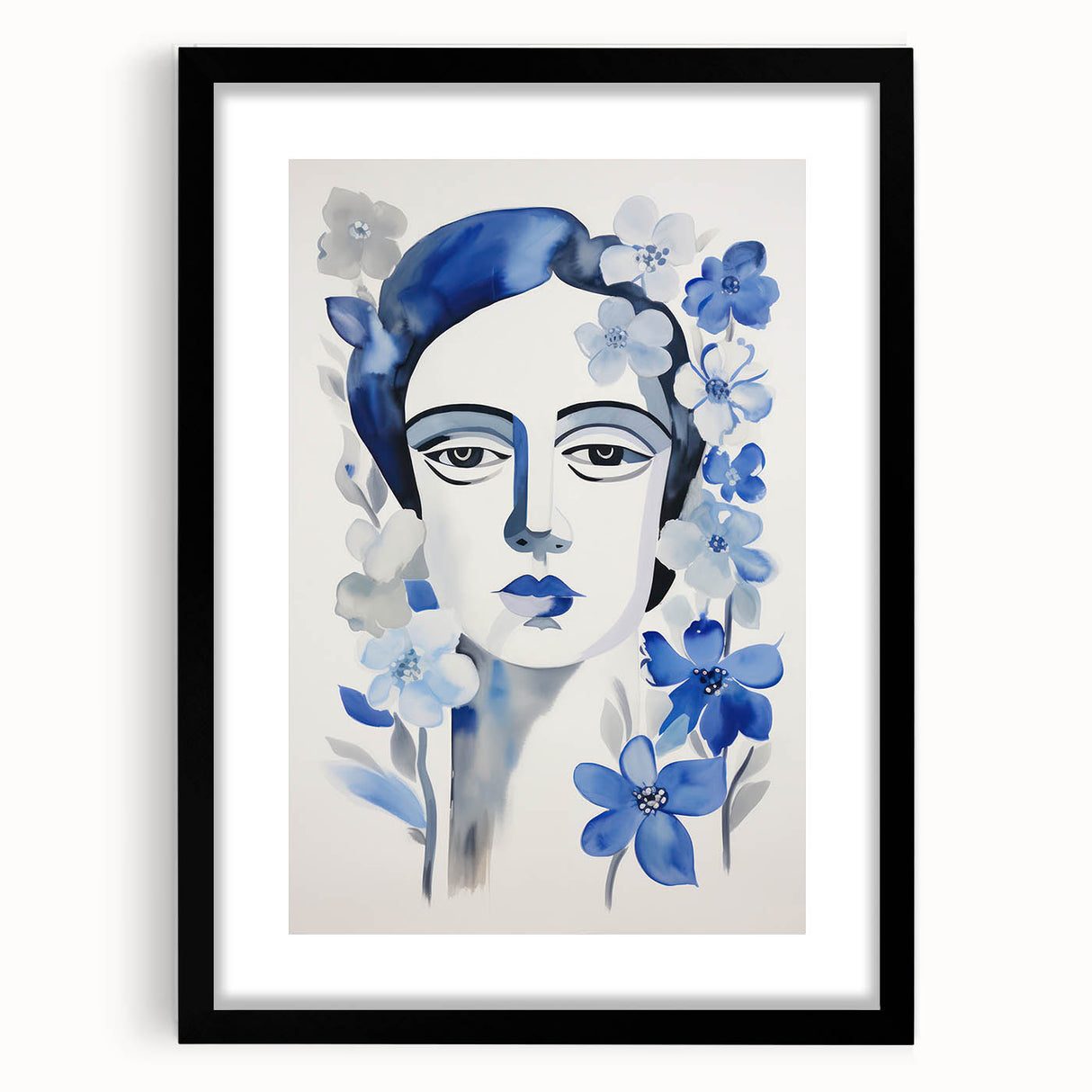 Electric Art Canvas - Blue Floral Portrait with Monochrome Accents