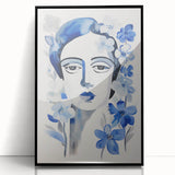 Electric Art Canvas - Blue Floral Portrait with Monochrome Accents