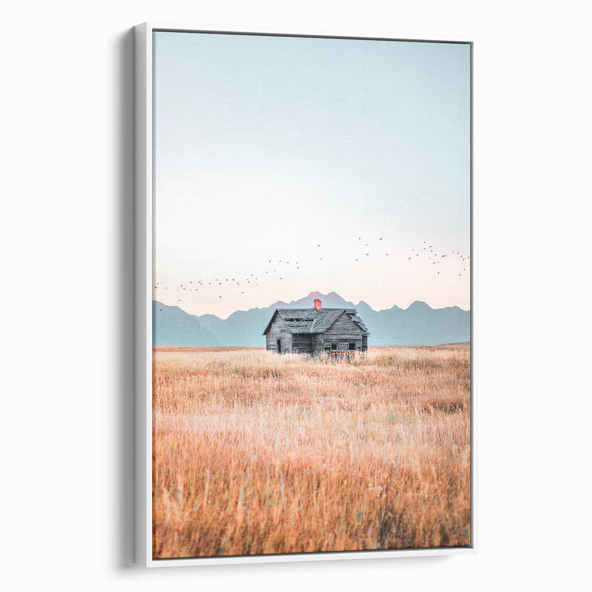 Farmhouse Wall Art of Abandoned Cabin with Birds – Rustic Country Decor