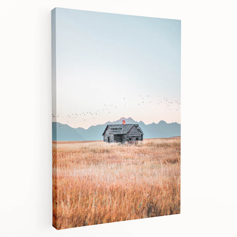 Farmhouse Wall Art of Abandoned Cabin with Birds – Rustic Country Decor