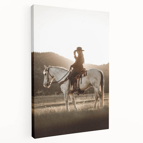 Farmhouse Wall Art – Cowboy on Horseback at Sunset – Rustic Country Decor