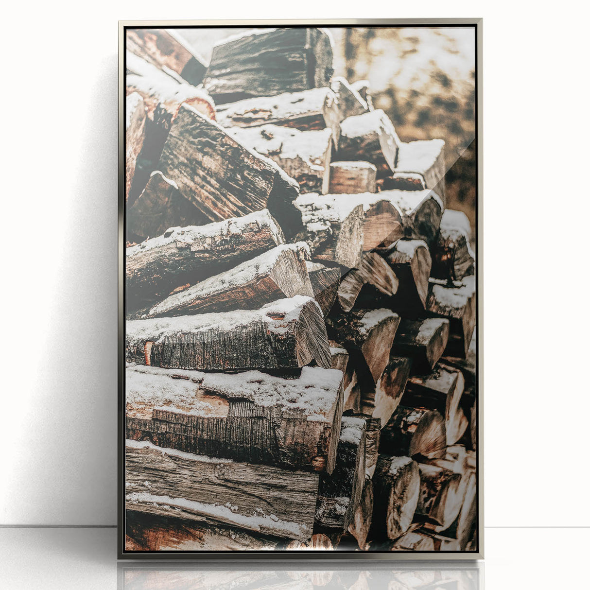 Rustic Firewood Wall Art | Winter Farmhouse Decor with Snow-Covered Wood