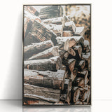 Rustic Firewood Wall Art | Winter Farmhouse Decor with Snow-Covered Wood