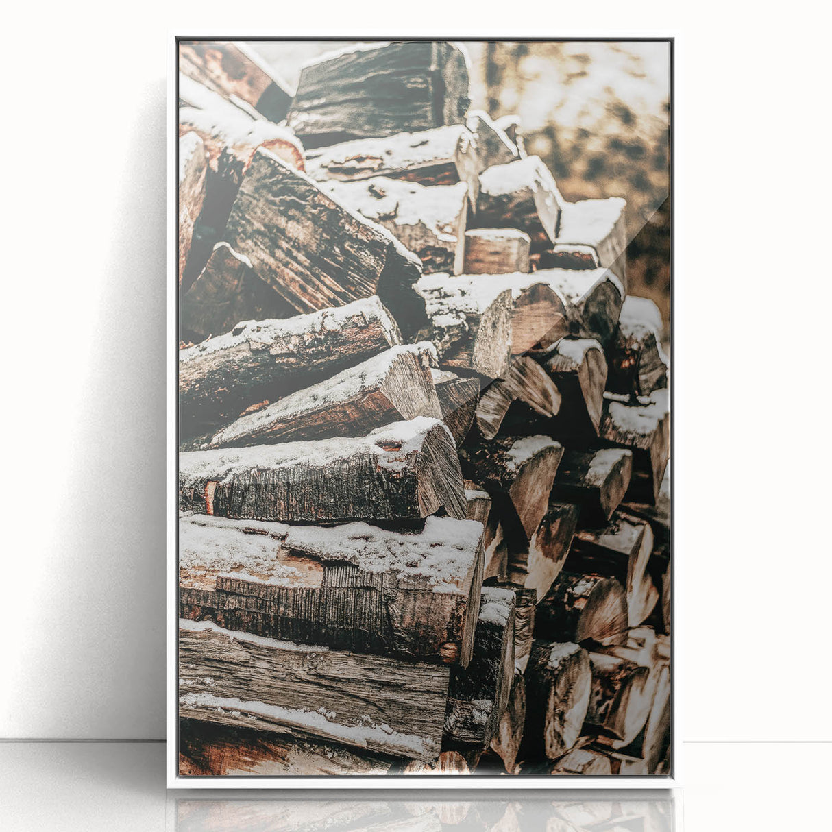 Rustic Firewood Wall Art | Winter Farmhouse Decor with Snow-Covered Wood