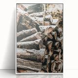 Rustic Firewood Wall Art | Winter Farmhouse Decor with Snow-Covered Wood