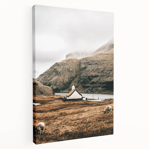 Farmhouse Wall Art – Tranquil Church in Rustic Mountain Scenery