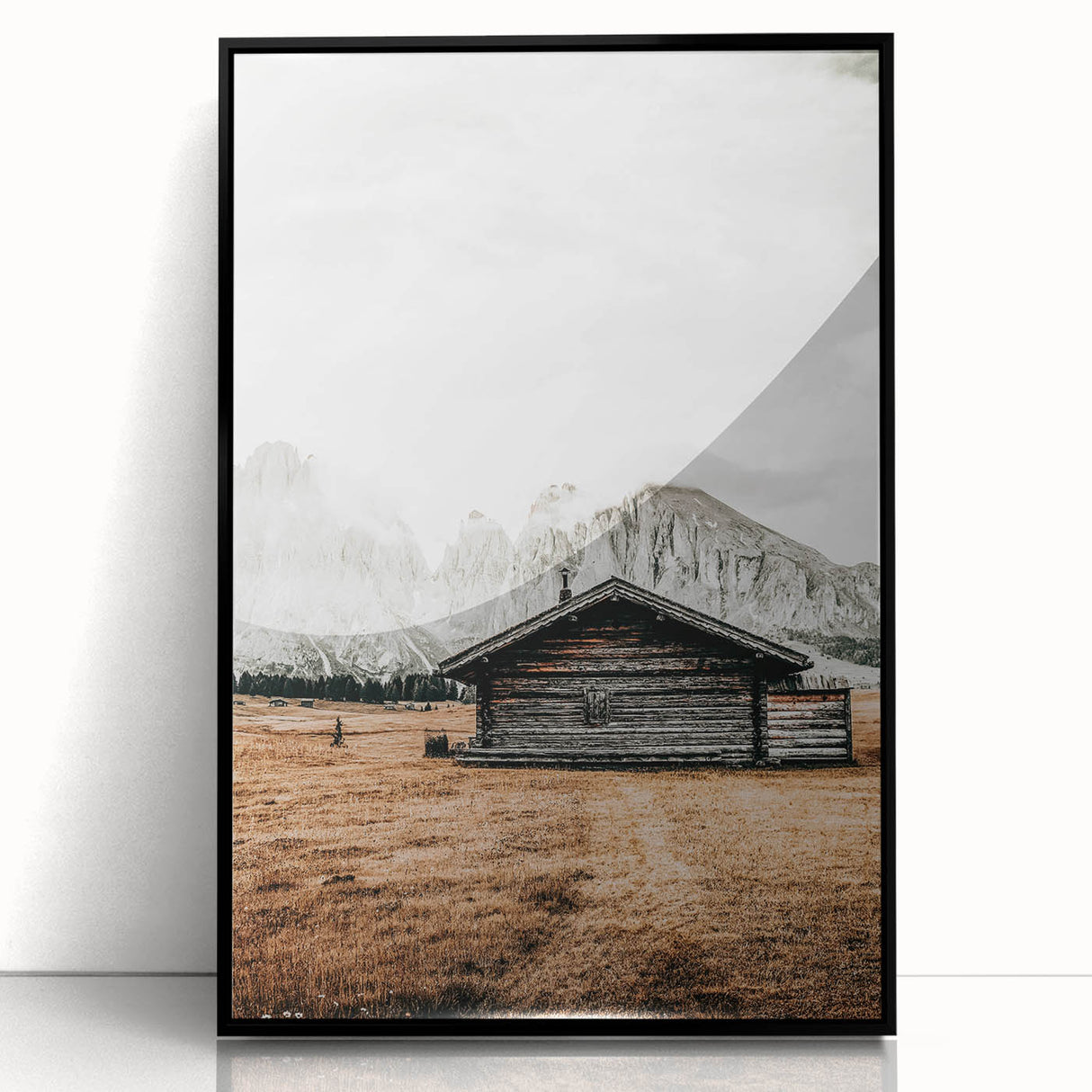 Farmhouse Wall Art – Rustic Cabin with Majestic Mountain Backdrop