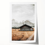 Farmhouse Wall Art – Rustic Cabin with Majestic Mountain Backdrop