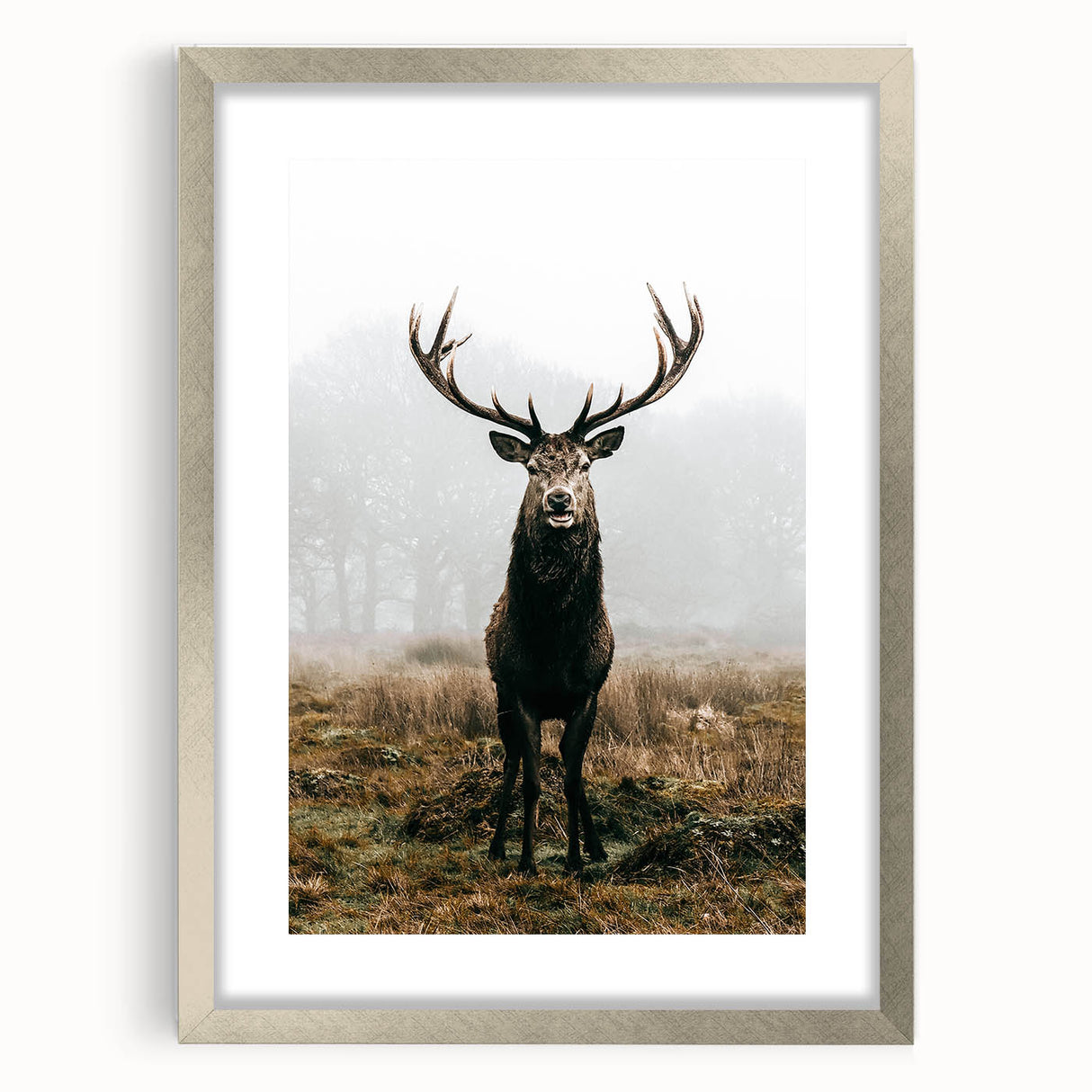 Farmhouse Wall Art – Majestic Stag in Misty Landscape for Rustic Homes