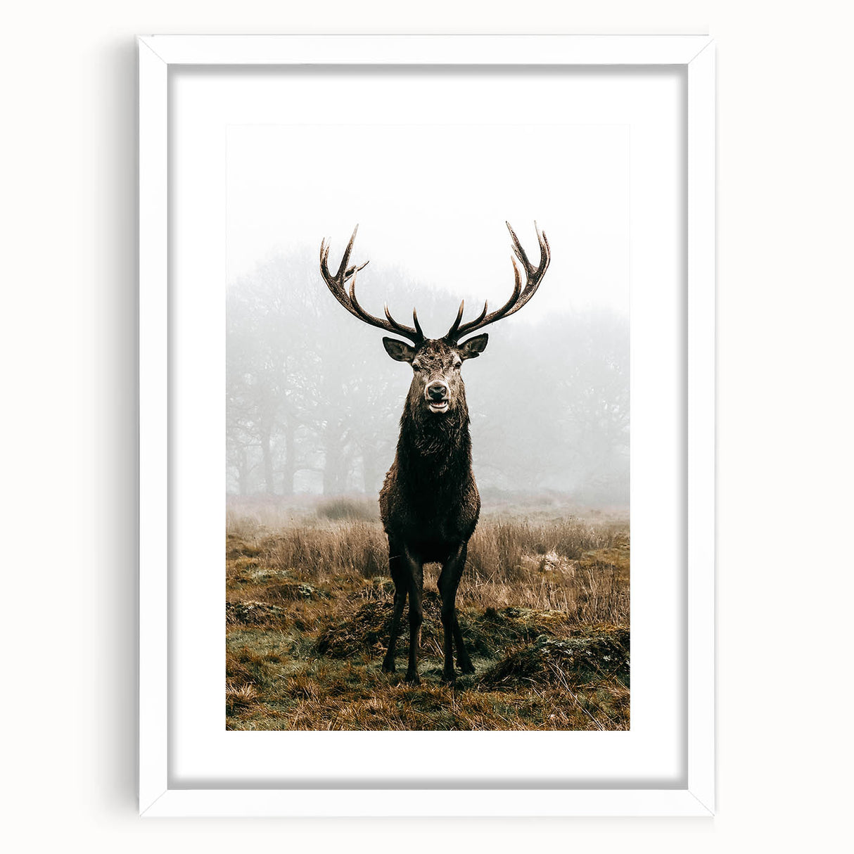 Farmhouse Wall Art – Majestic Stag in Misty Landscape for Rustic Homes