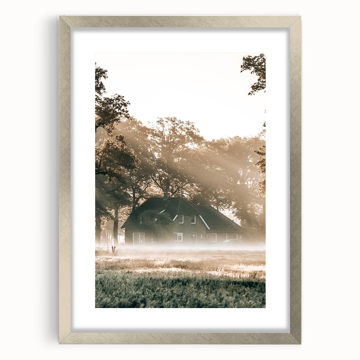 Farmhouse Wall Art – Serene Misty Countryside House for Rustic Decor