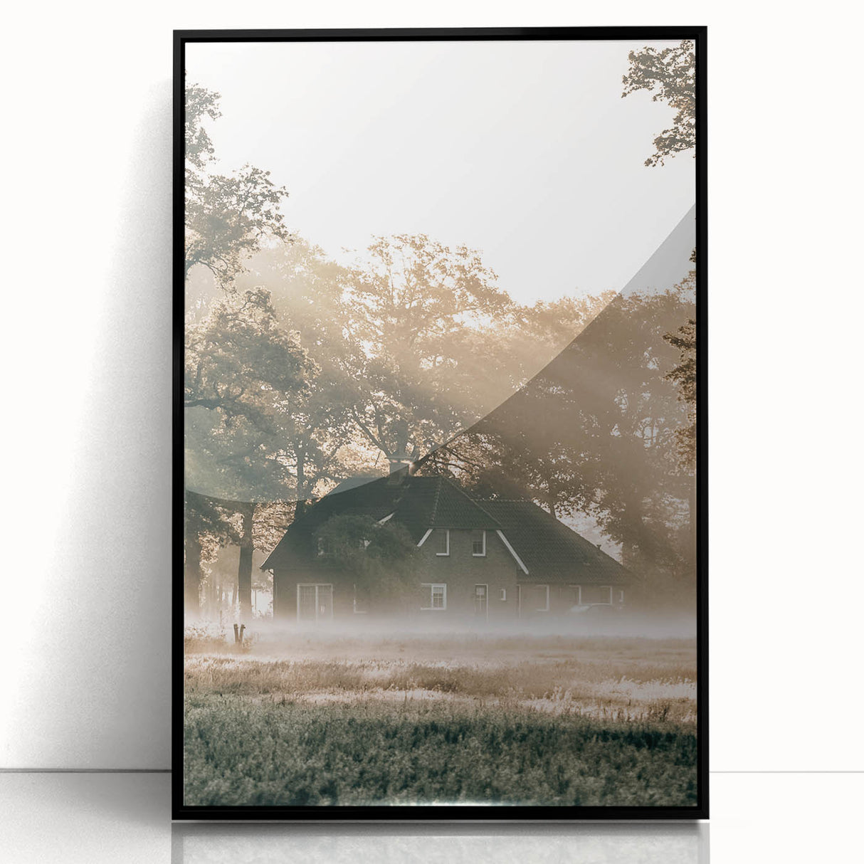 Farmhouse Wall Art – Serene Misty Countryside House for Rustic Decor