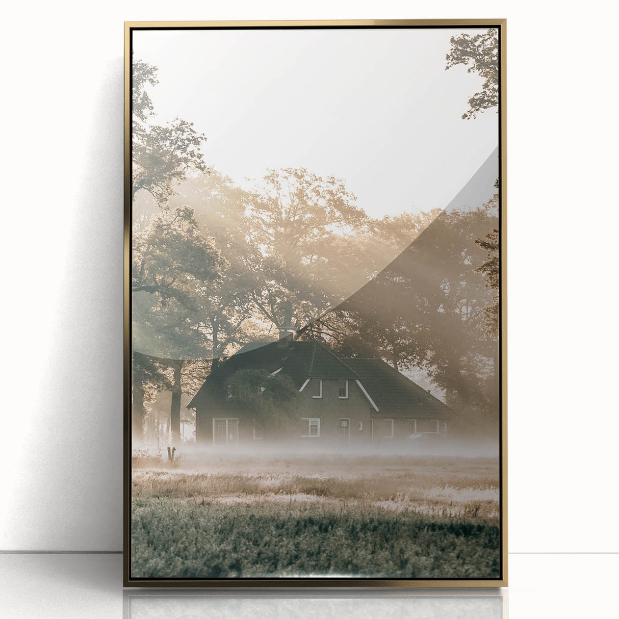 Farmhouse Wall Art – Serene Misty Countryside House for Rustic Decor