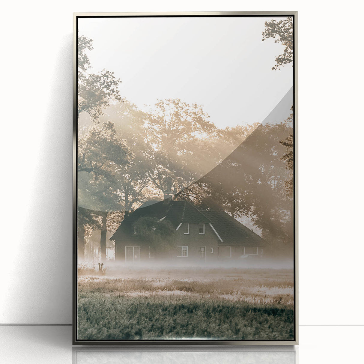 Farmhouse Wall Art – Serene Misty Countryside House for Rustic Decor