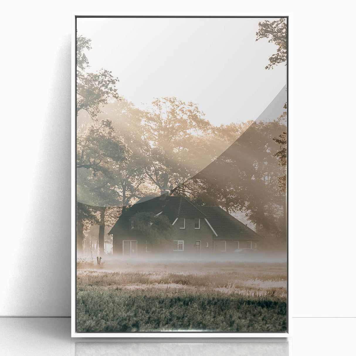 Farmhouse Wall Art – Serene Misty Countryside House for Rustic Decor
