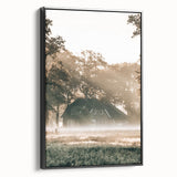 Farmhouse Wall Art – Serene Misty Countryside House for Rustic Decor