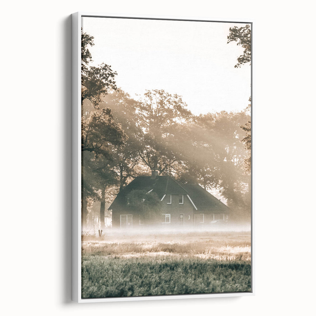 Farmhouse Wall Art – Serene Misty Countryside House for Rustic Decor