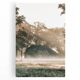 Farmhouse Wall Art – Serene Misty Countryside House for Rustic Decor