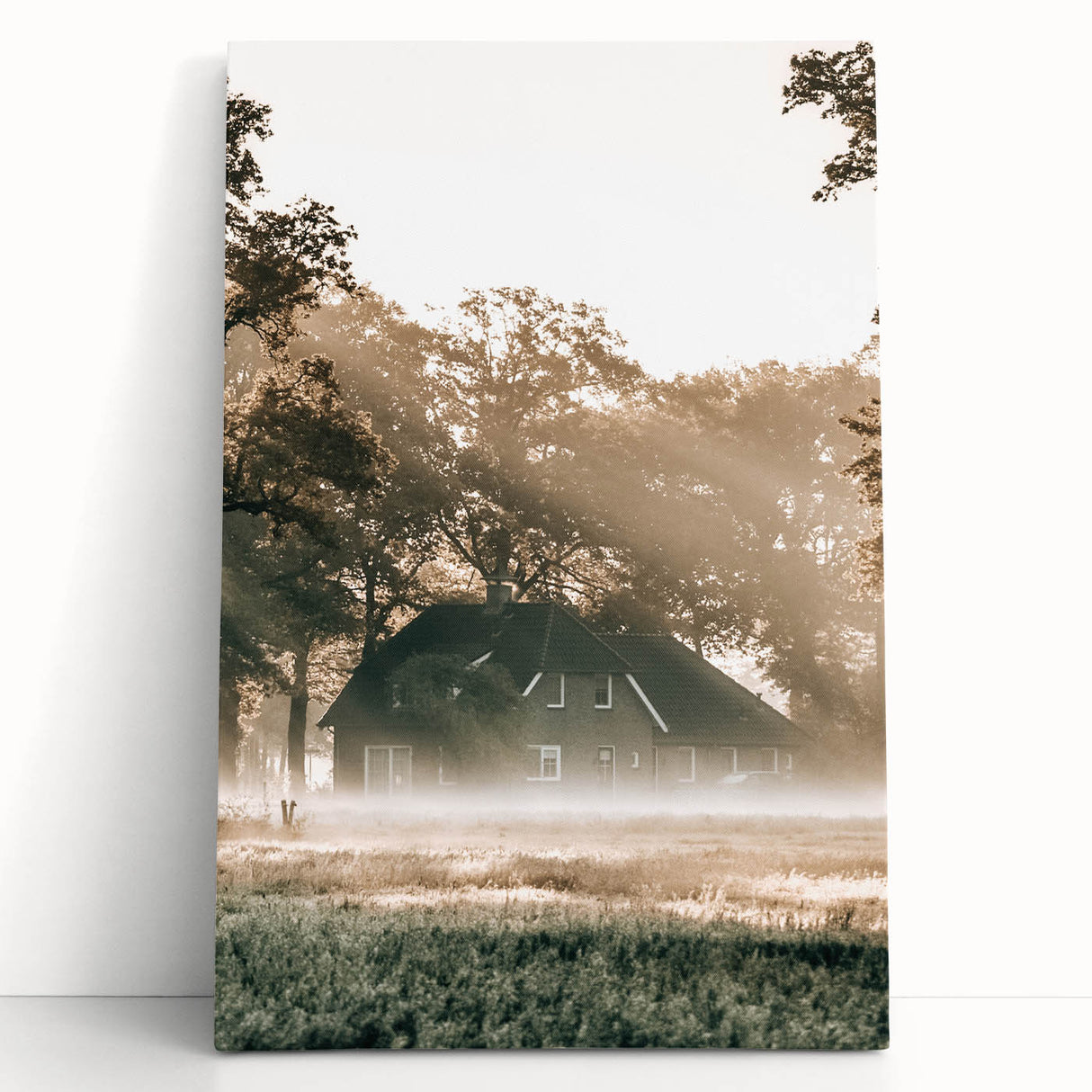 Farmhouse Wall Art – Serene Misty Countryside House for Rustic Decor