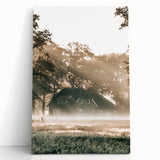 Farmhouse Wall Art – Serene Misty Countryside House for Rustic Decor