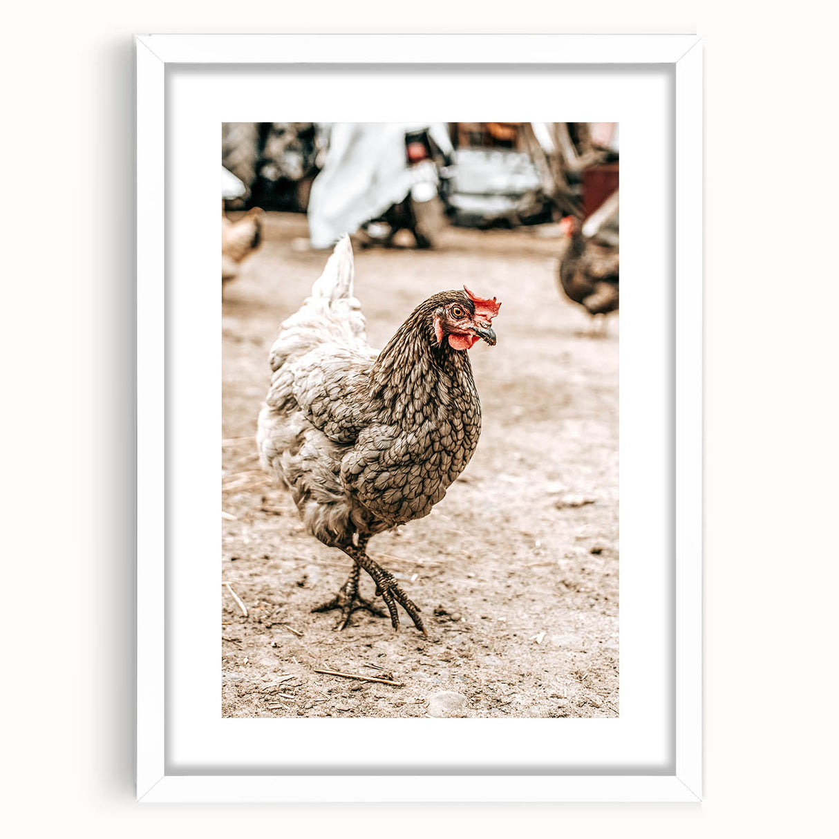 Farmhouse Wall Art – Rustic Chicken in Farmyard Scene for Country Decor