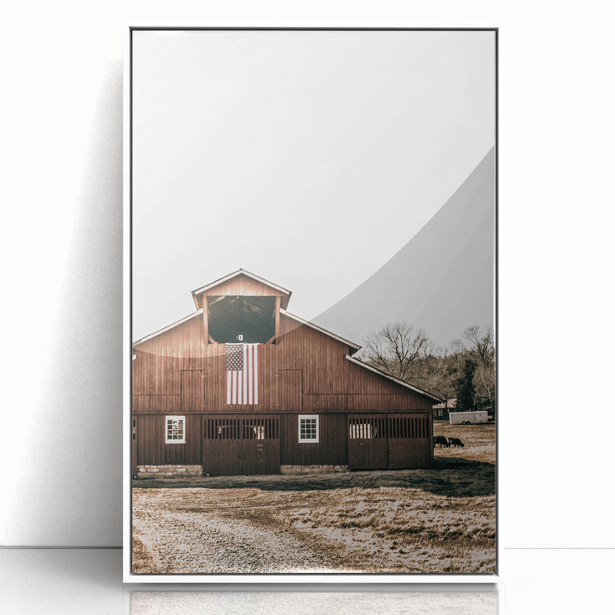 Farmhouse Wall Art: Red Barn with American Flag, Rustic Country Decor