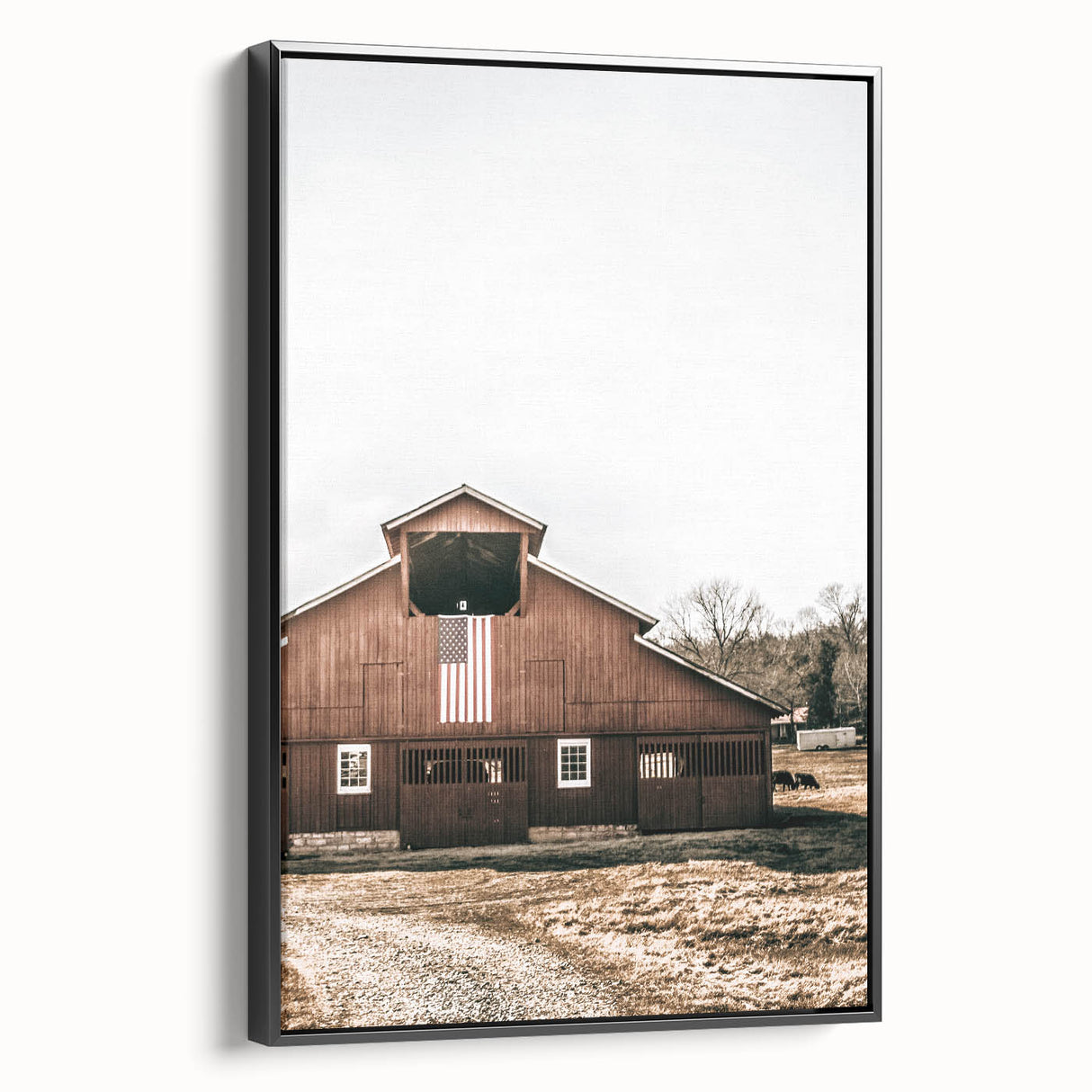 Farmhouse Wall Art: Red Barn with American Flag, Rustic Country Decor