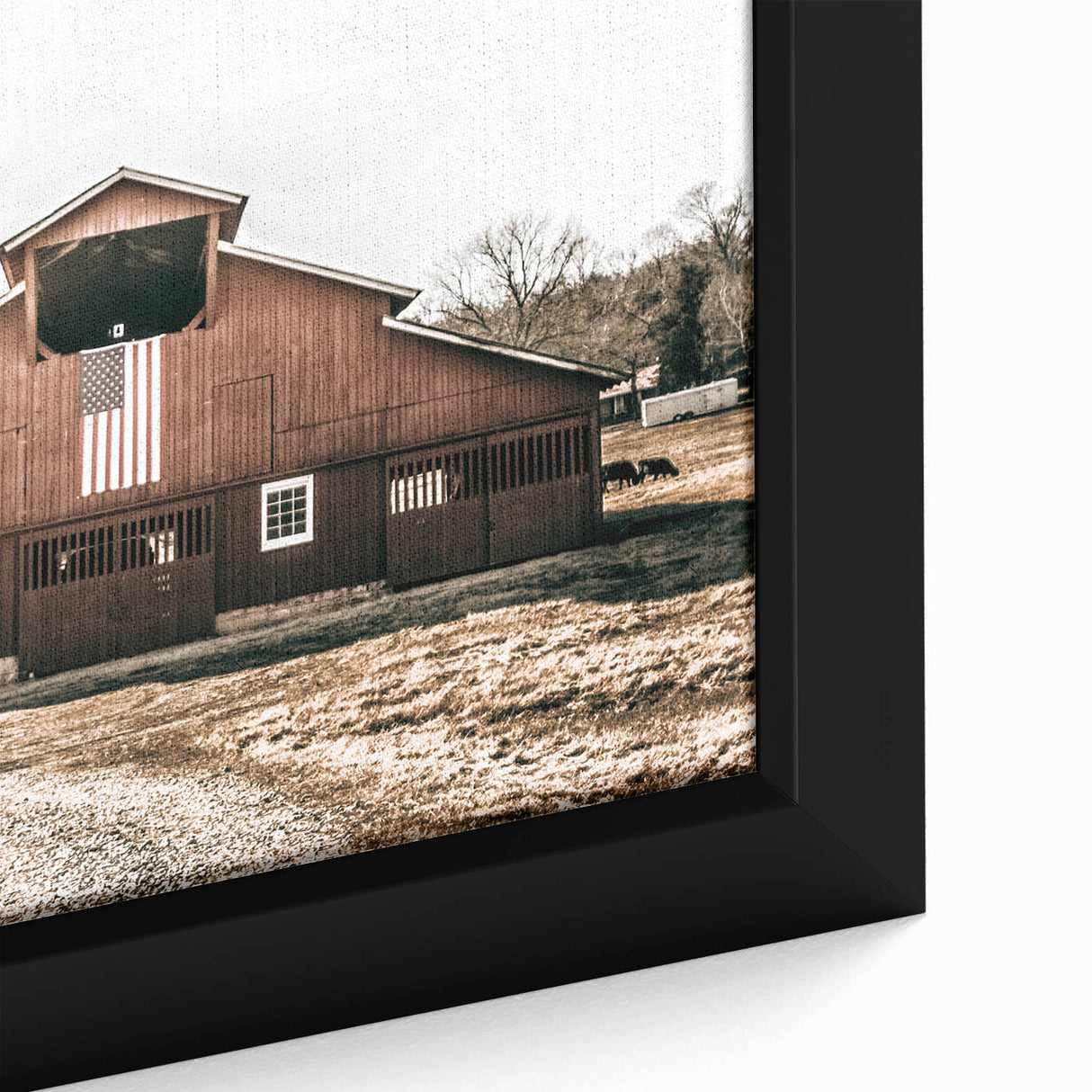 Farmhouse Wall Art: Red Barn with American Flag, Rustic Country Decor