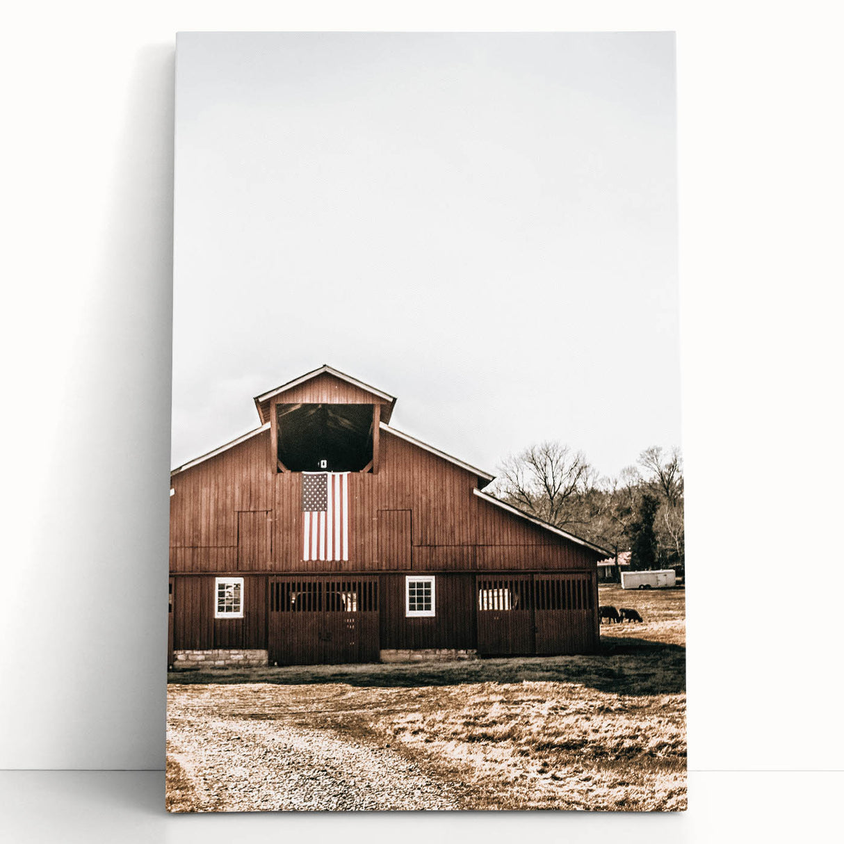 Farmhouse Wall Art: Red Barn with American Flag, Rustic Country Decor