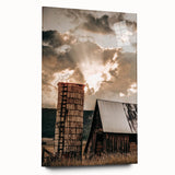 Vintage Farmhouse Print - Rustic Barn with Sunlit Clouds and Silo