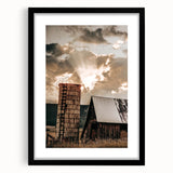 Vintage Farmhouse Print - Rustic Barn with Sunlit Clouds and Silo