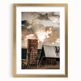 Vintage Farmhouse Print - Rustic Barn with Sunlit Clouds and Silo