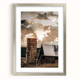 Vintage Farmhouse Print - Rustic Barn with Sunlit Clouds and Silo