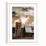 Vintage Farmhouse Print - Rustic Barn with Sunlit Clouds and Silo