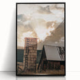 Vintage Farmhouse Print - Rustic Barn with Sunlit Clouds and Silo