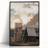 Vintage Farmhouse Print - Rustic Barn with Sunlit Clouds and Silo