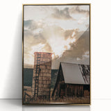 Vintage Farmhouse Print - Rustic Barn with Sunlit Clouds and Silo
